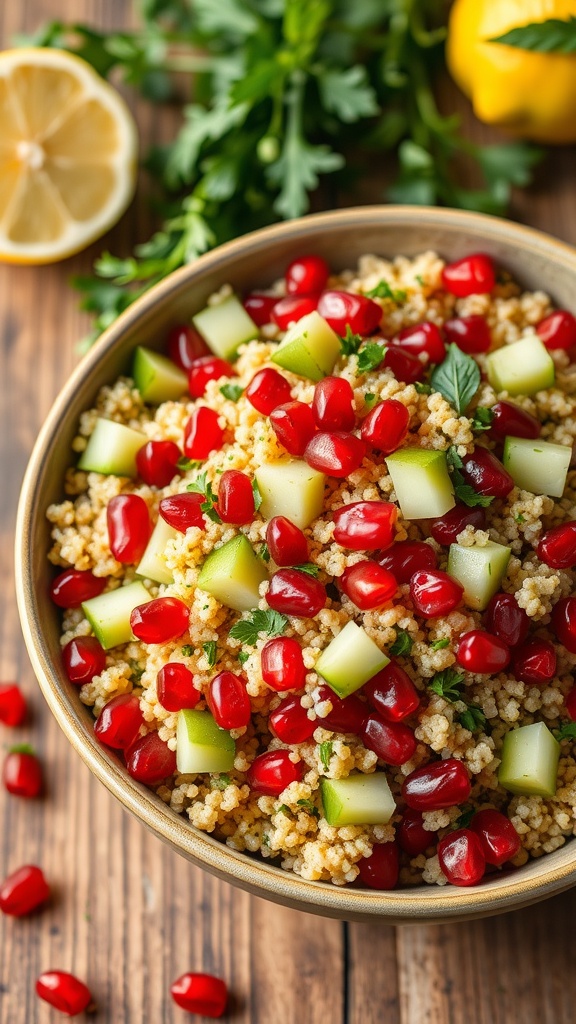 A colorful quinoa and pomegranate salad with cucumbers and herbs in a bowl on a rustic table.